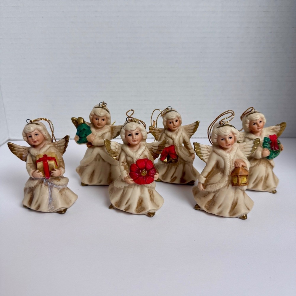 Vintage Homco Porcelain Christmas AngelOrnaments Set of 6 Taiwan Gold Accents
